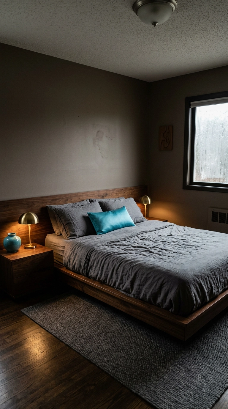 Dark walnut bed with a turquoise silk lumbar pillow in a moody taupe bedroom