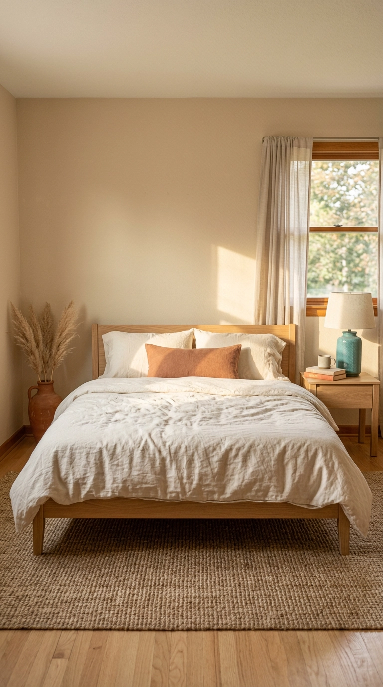 Bedroom with turquoise lamp and terracotta lumbar pillow on a sand-toned palette