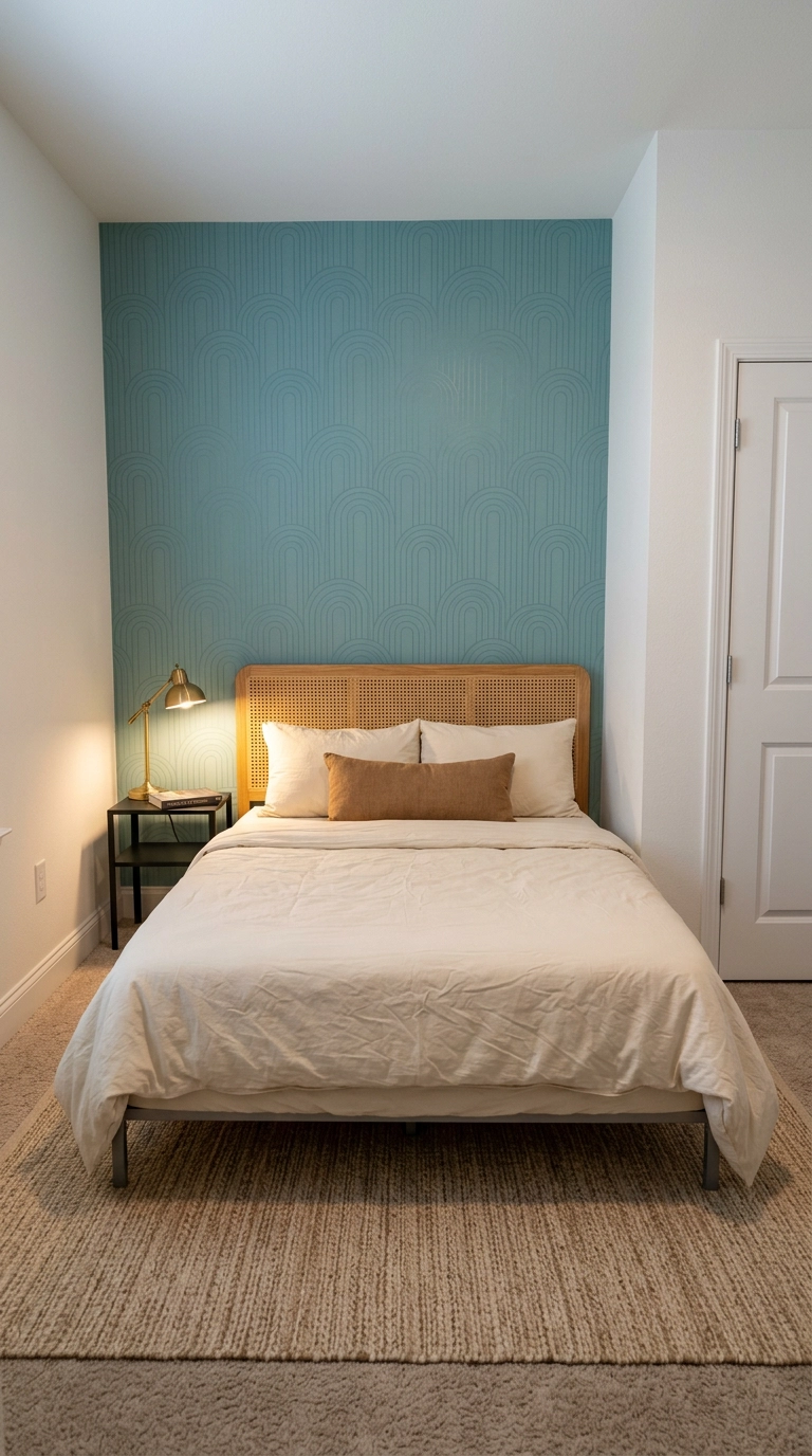 Rental bedroom with turquoise peel-and-stick wallpaper panel behind a cane headboard