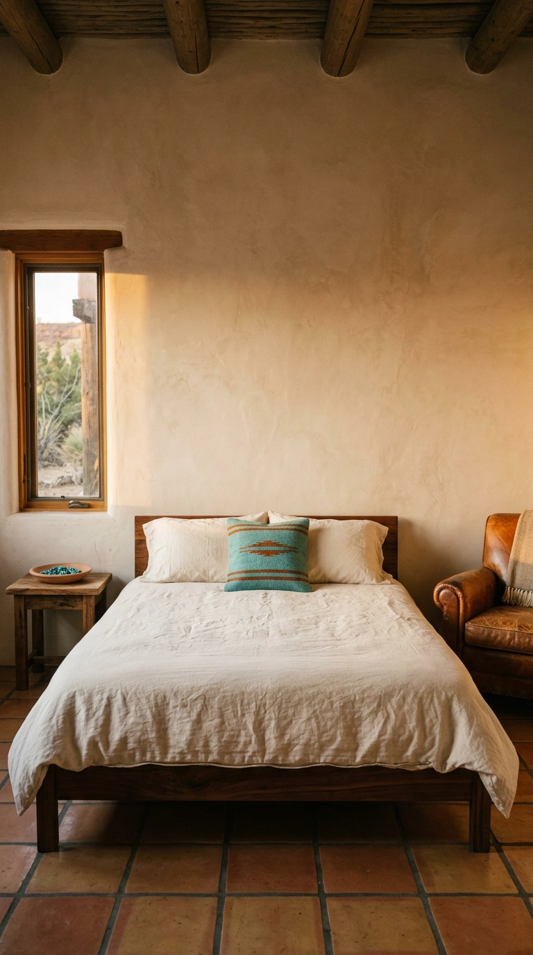 Southwest bedroom with turquoise and rust woven pillow, leather chair, and plaster walls