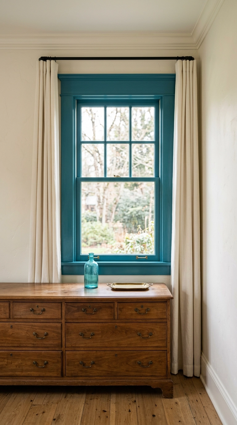 Deep turquoise painted window trim against warm white bedroom walls