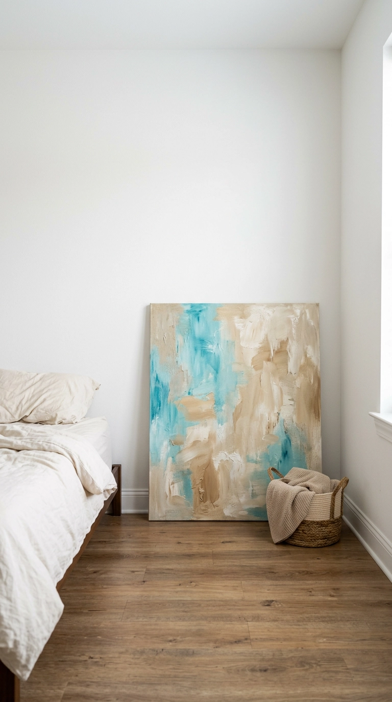 Large turquoise abstract canvas leaning against a white rental bedroom wall