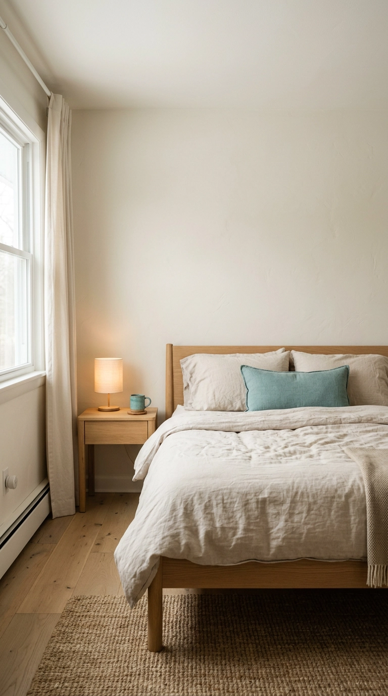 Warm white bedroom walls with a single muted turquoise lumbar pillow and mug