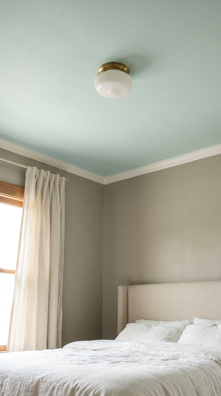Pale aqua painted bedroom ceiling above warm greige walls with white crown molding