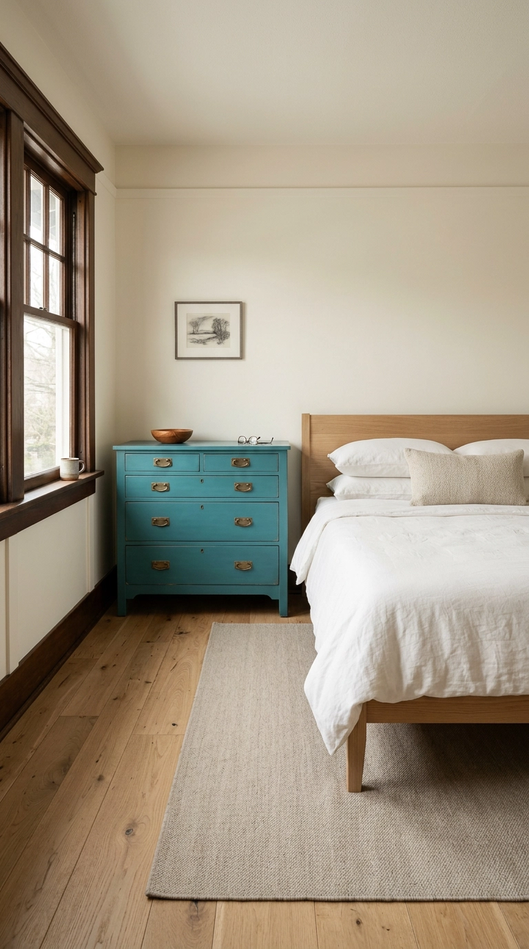 Turquoise painted vintage dresser with brass pulls in a warm white bedroom