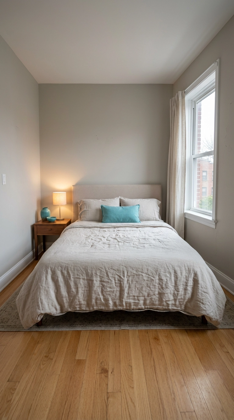 Small bedroom with turquoise accents grouped together on one nightstand
