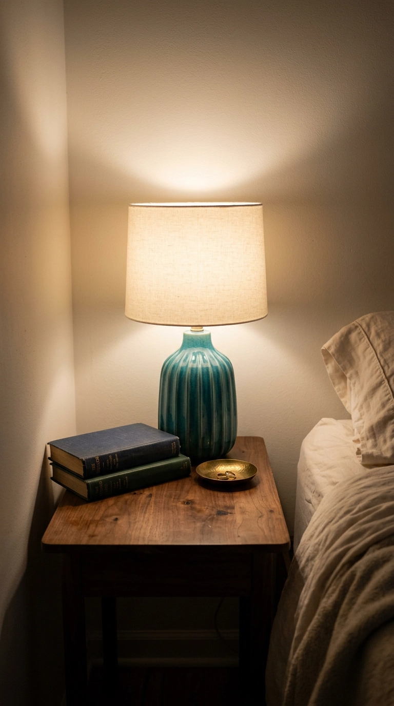 Turquoise glazed ceramic lamp base with ivory shade on a walnut nightstand