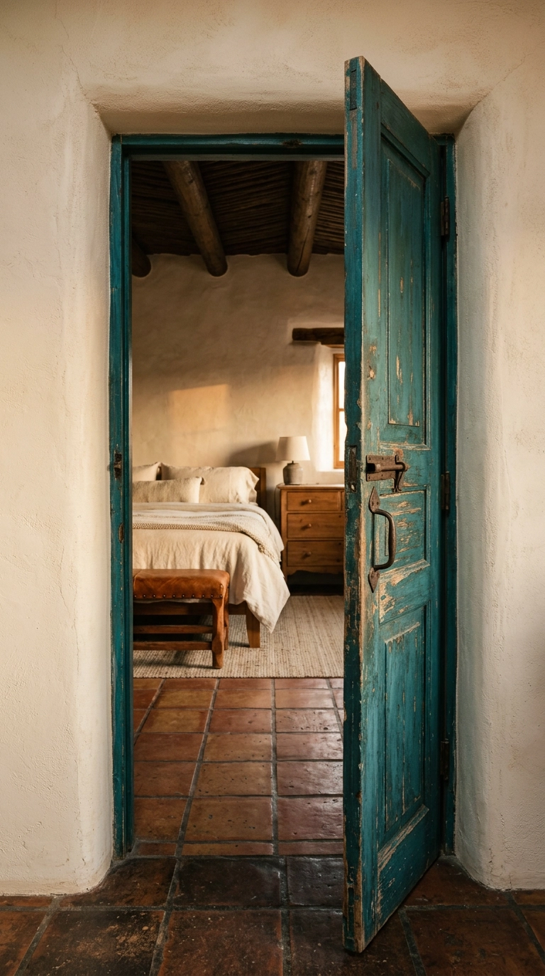 Salvaged weathered turquoise painted bedroom door with aged iron latch hardware