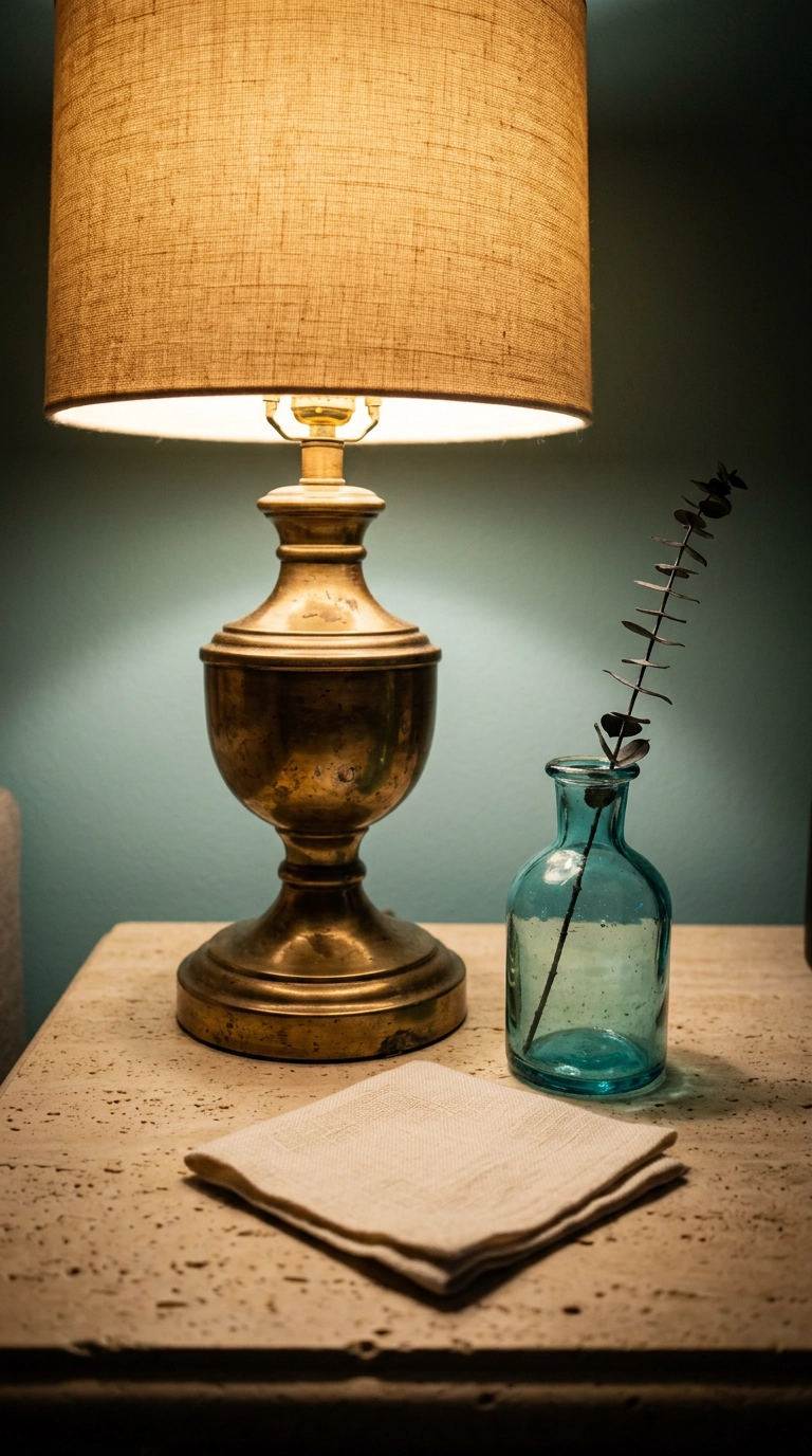 brass lamp and turquoise glass vase against a turquoise wall