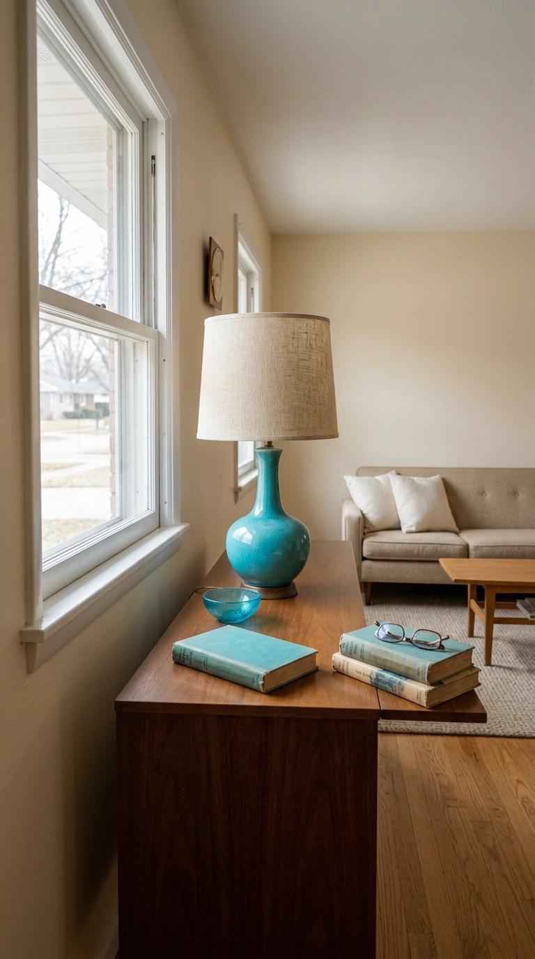 turquoise objects grouped together on a walnut console table