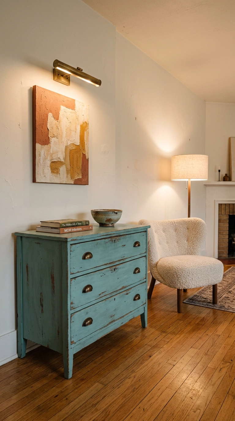 dusty turquoise painted dresser used as a media console in a living room