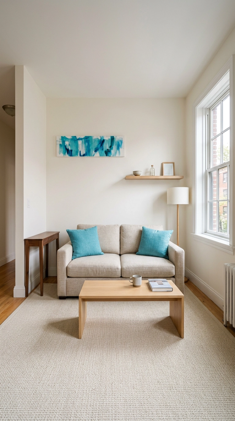 small living room with turquoise pillows and art placed high on the wall