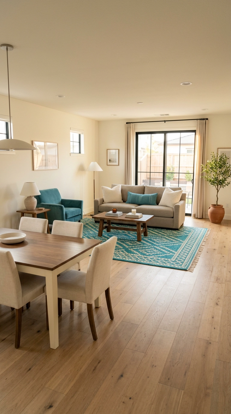 turquoise rug and chair defining the living zone in an open-plan space