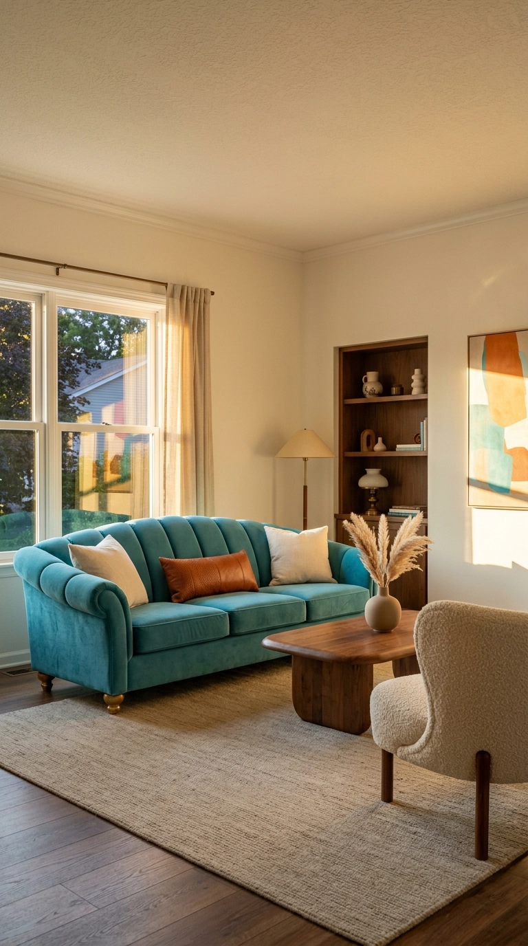 turquoise velvet sofa with cream boucle chair in a warm living room