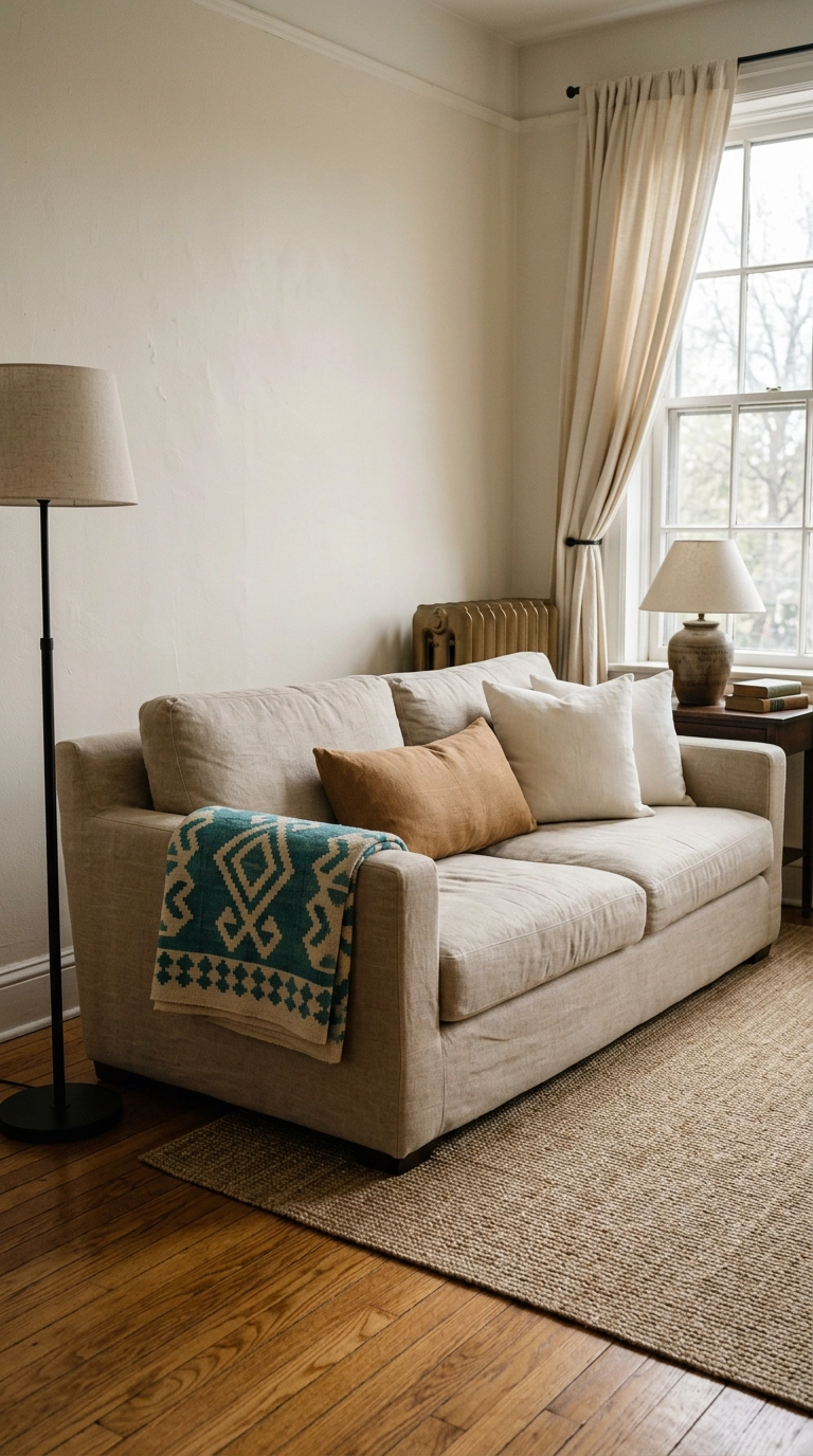 patterned turquoise kilim throw draped over a neutral linen sofa
