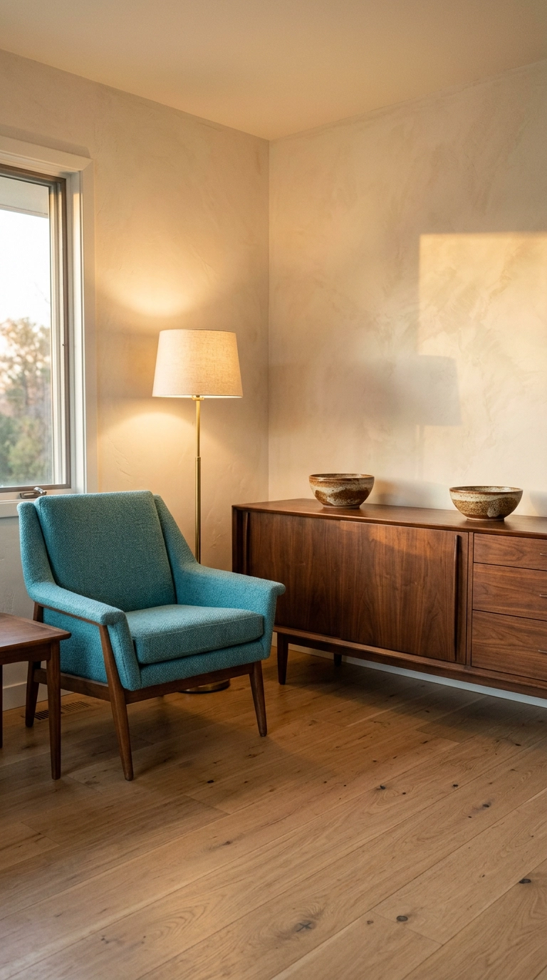 turquoise lounge chair next to a walnut sideboard in a mid-century living room