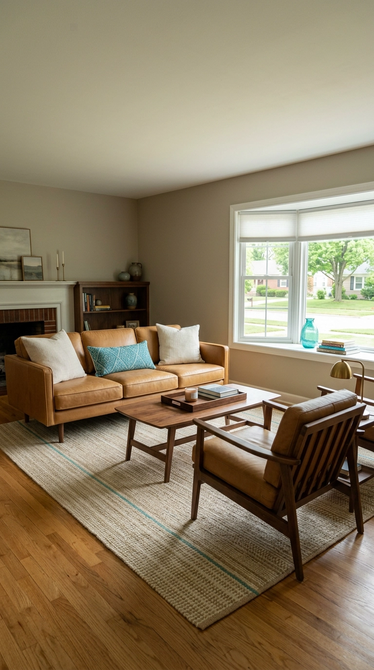 living room using turquoise as a small accent against greige and camel