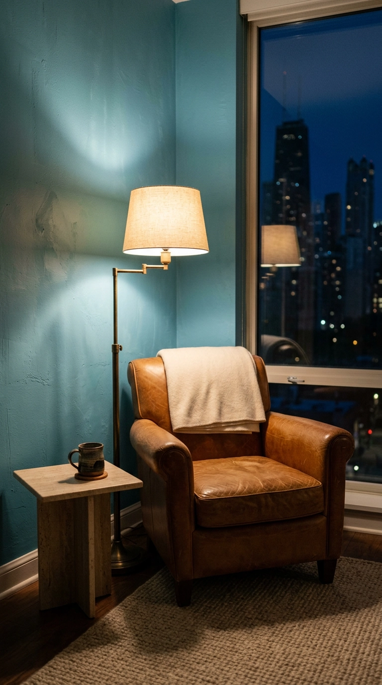 turquoise wall lit by a warm brass floor lamp at night