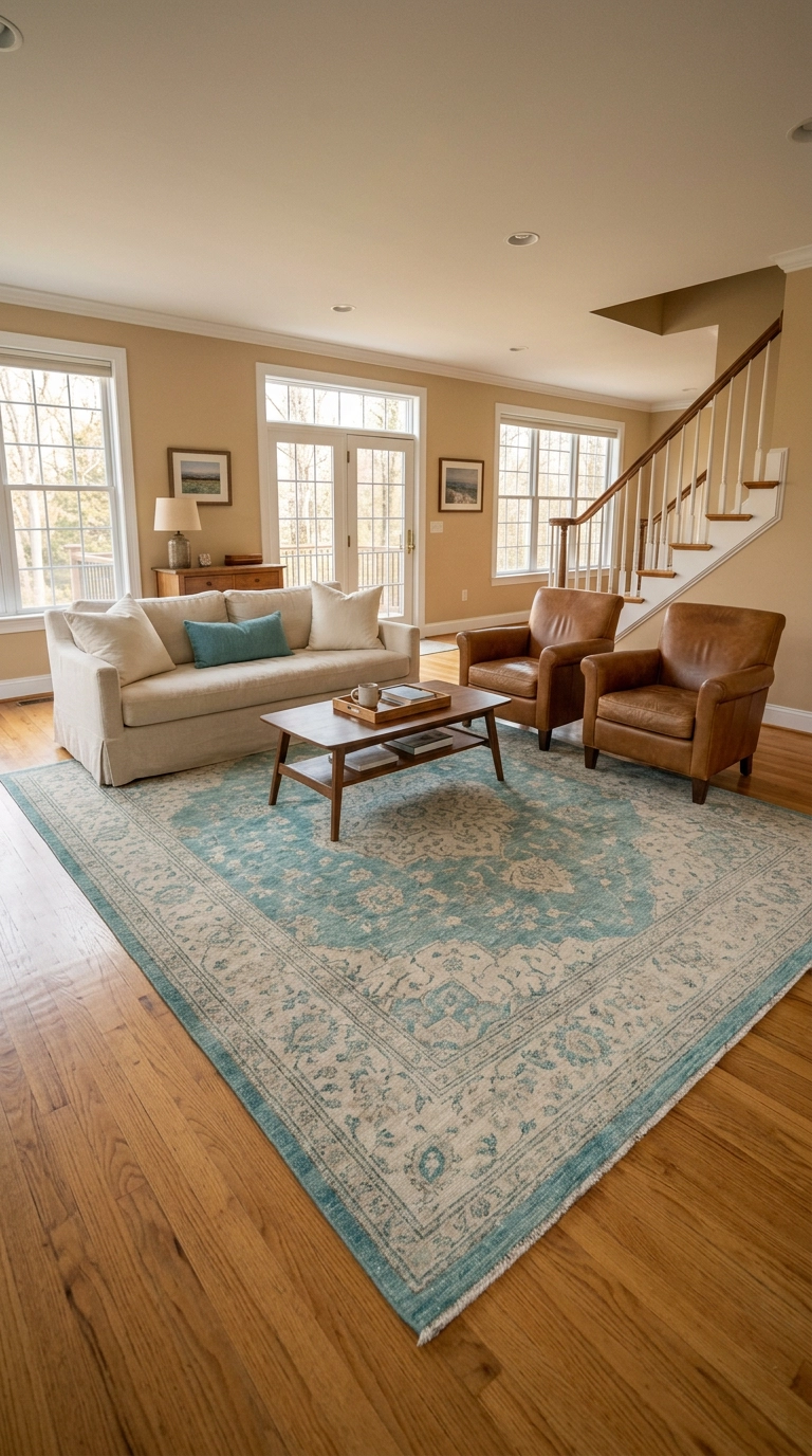 faded turquoise wool area rug anchoring a neutral living room