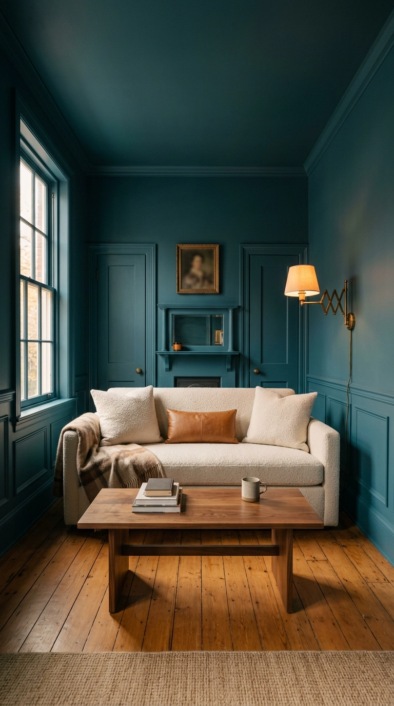 small living room color drenched in deep turquoise on walls and ceiling