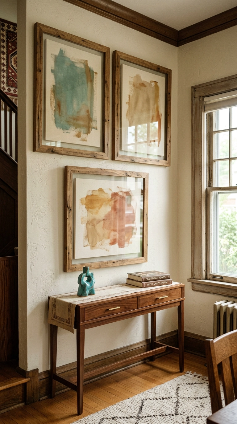 abstract turquoise and terracotta paintings in a gallery wall arrangement