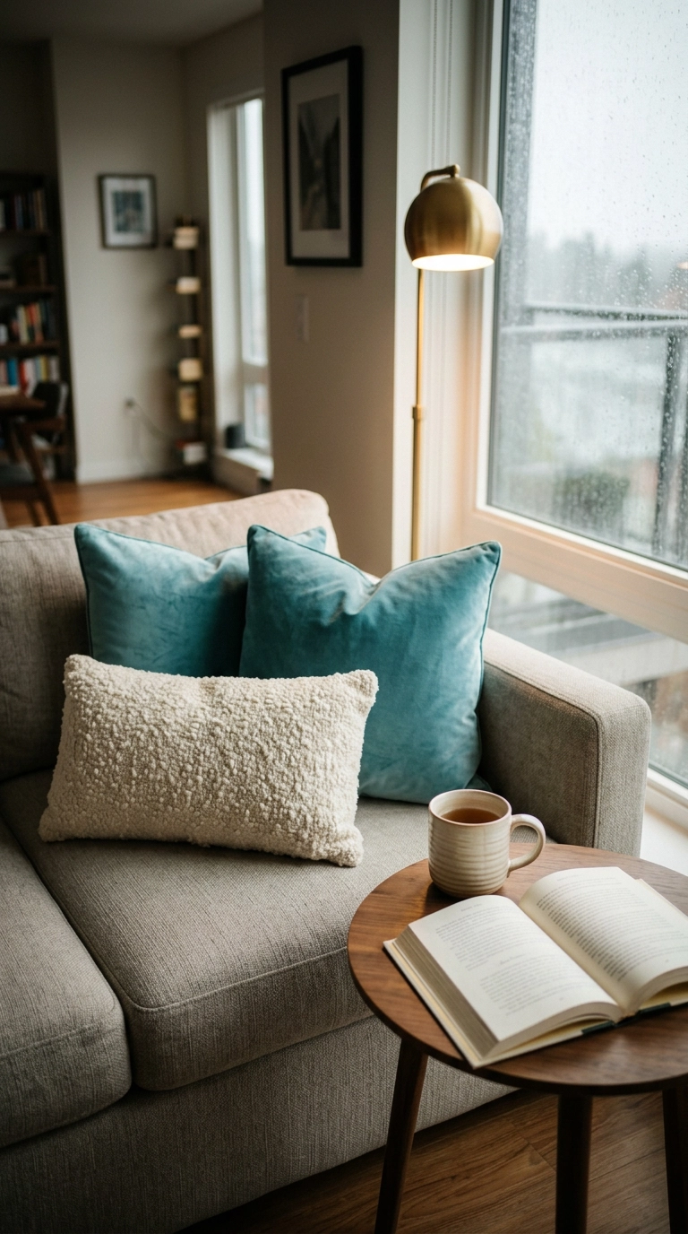 turquoise velvet throw pillows on a greige linen sofa
