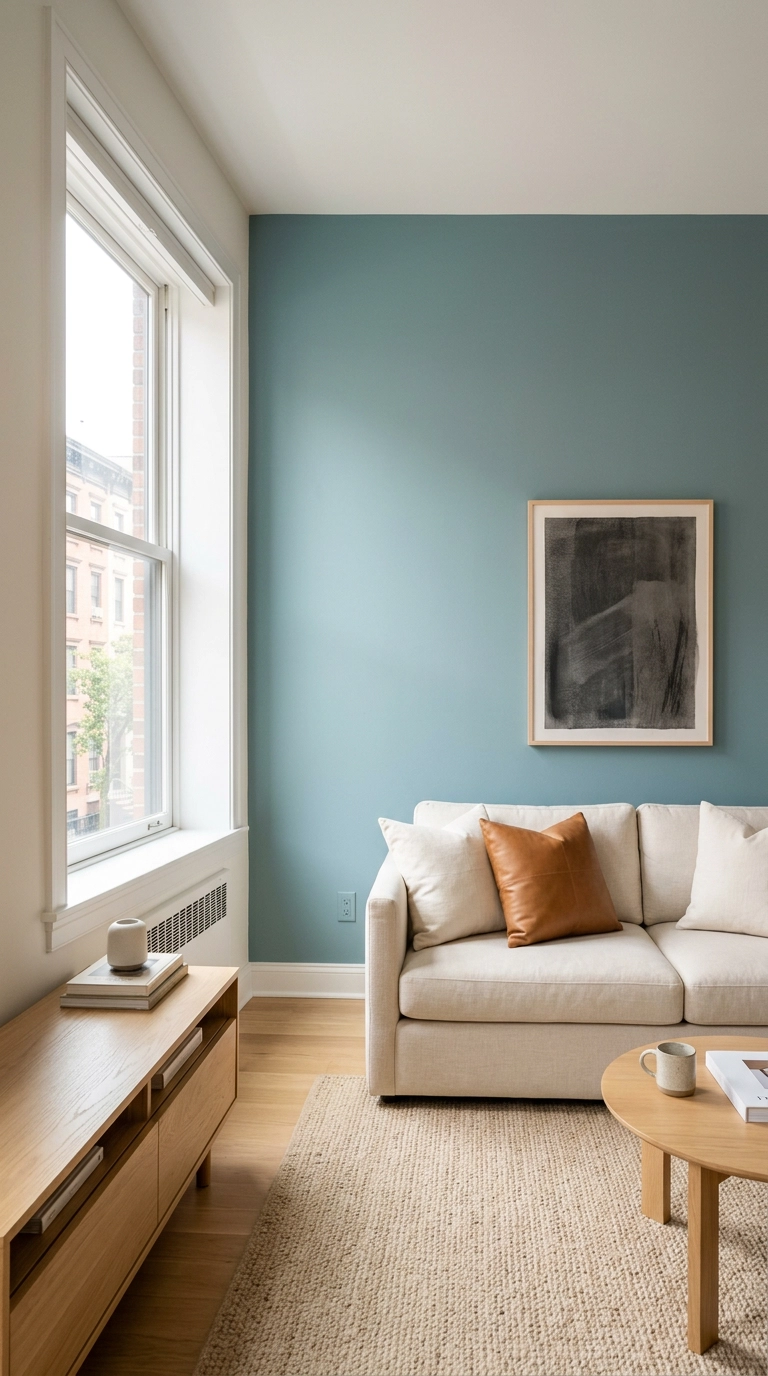 dusty turquoise accent wall behind a cream sofa in a small living room
