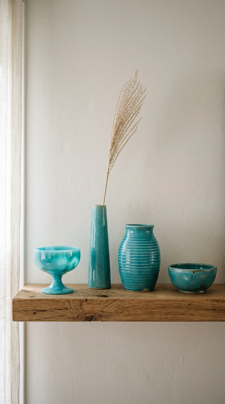 thrifted turquoise ceramic vases and glass arranged on a shelf
