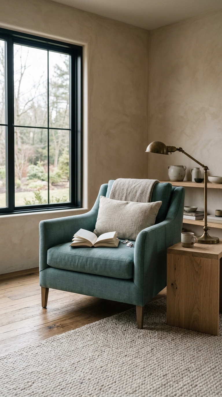 muted dusty turquoise armchair in an organic modern living room