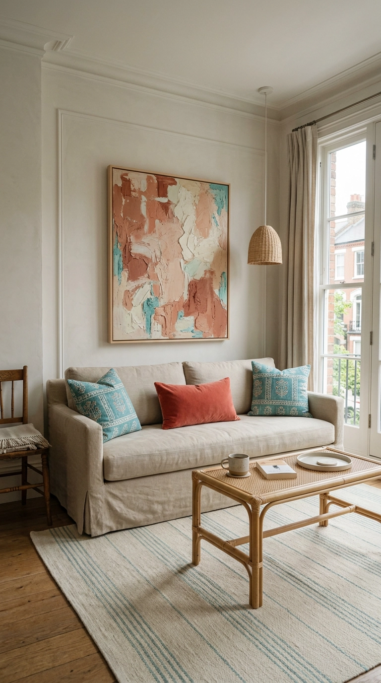 turquoise and coral pillows on a sand slipcovered sofa