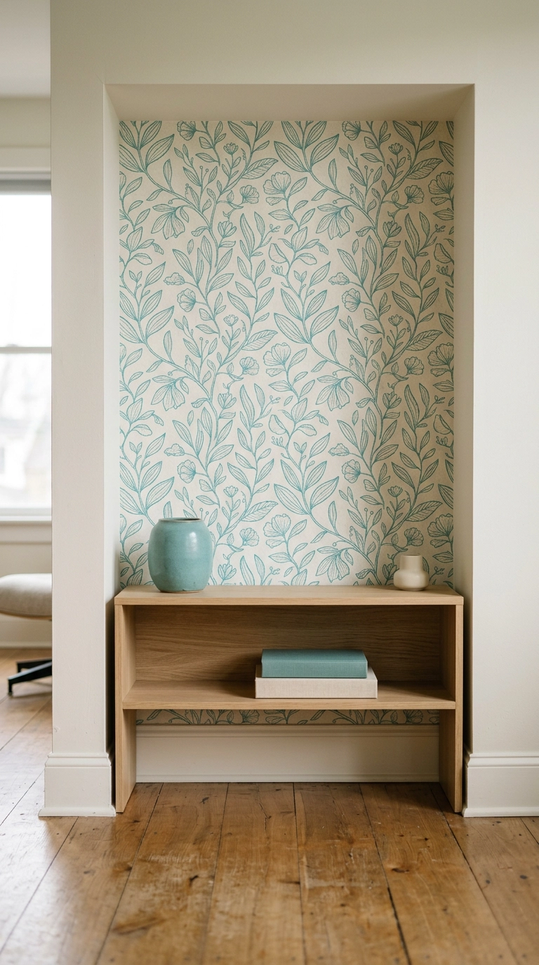 turquoise botanical peel-and-stick wallpaper in a living room alcove