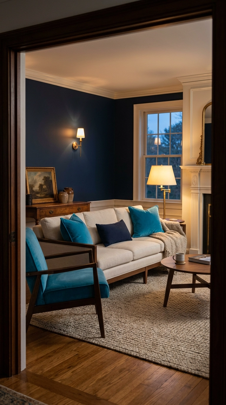 turquoise velvet chair against a deep navy accent wall in a living room