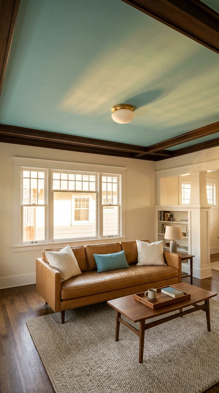living room with a soft turquoise painted ceiling above white walls