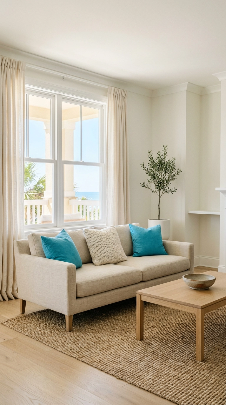 turquoise pillows on an oatmeal linen sofa in a bright coastal living room