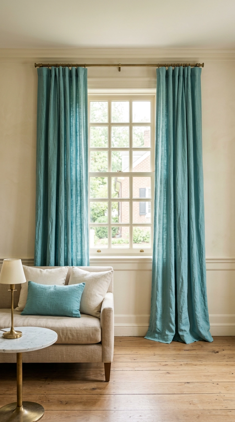 turquoise linen curtains hung high on a brass rod in a living room