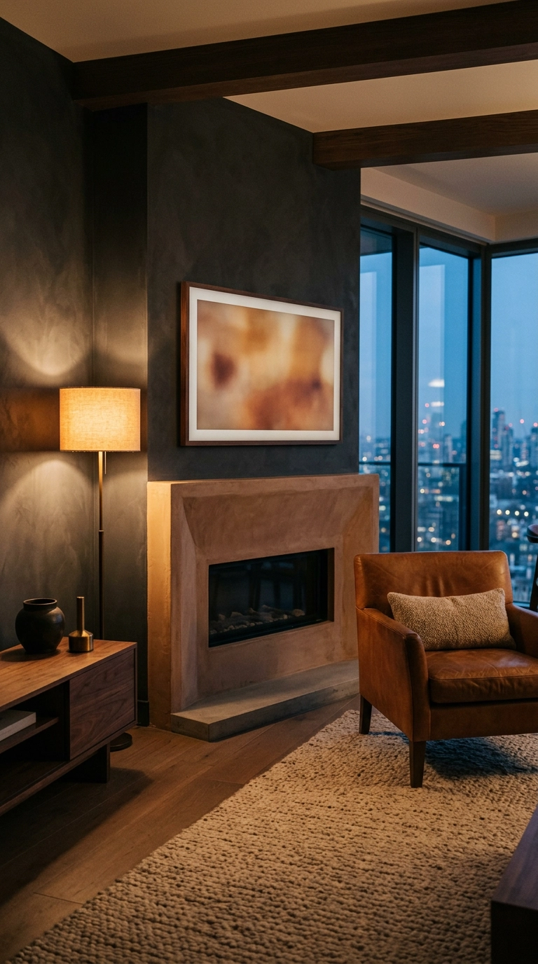 Frame-style TV in a walnut bezel showing abstract art above a clay plaster fireplace