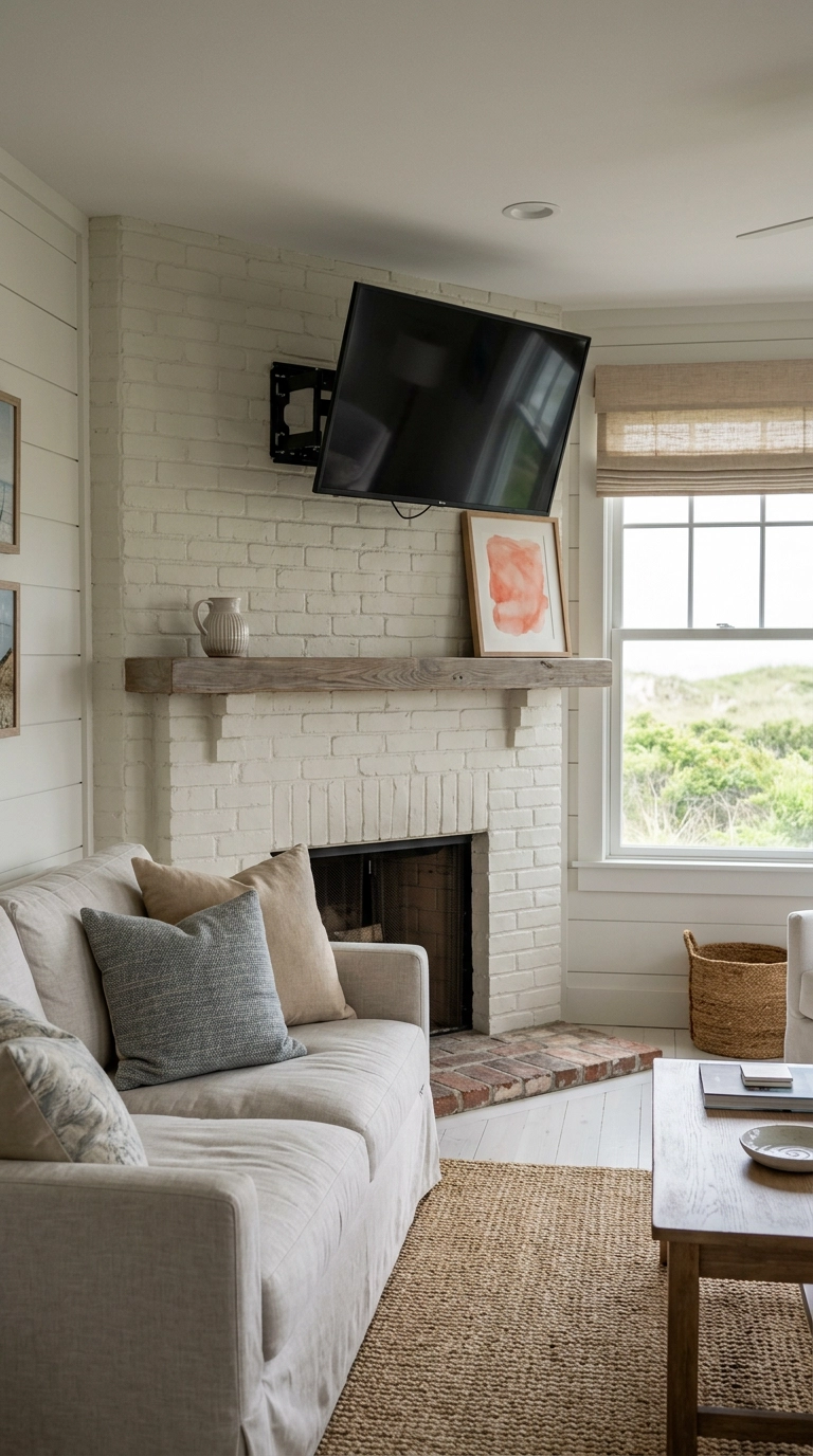 Television on a tilting pull-down mount angled down above a bone-white painted brick fireplace