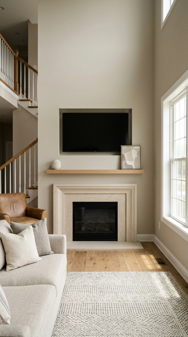 Television recessed into a drywall niche above a limestone fireplace with a white oak floating mantel