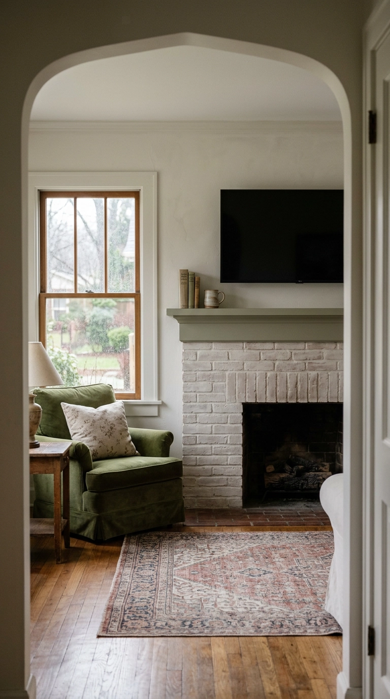 Limewashed white brick fireplace with a dark TV screen above and a sage painted mantel