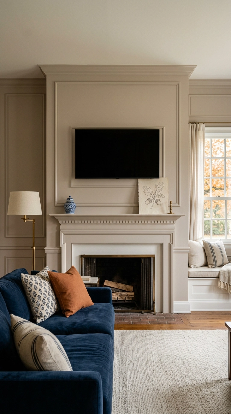 Picture frame molding panels around a mounted TV above a traditional painted mantel
