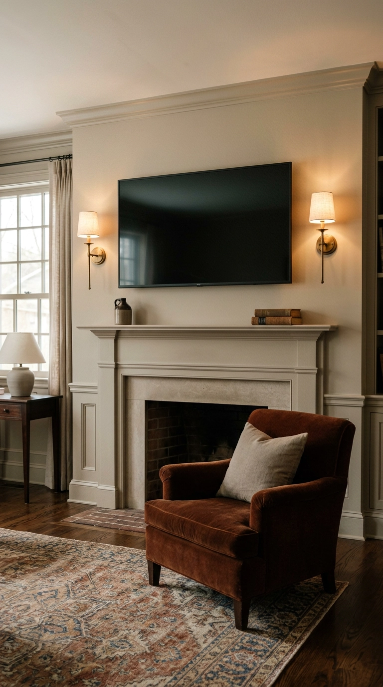 Brass wall sconces flanking a dark TV screen above a putty painted mantel