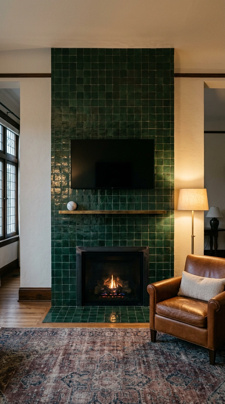 Forest green zellige tile chimney breast with a dark TV screen mounted above a brass ledge