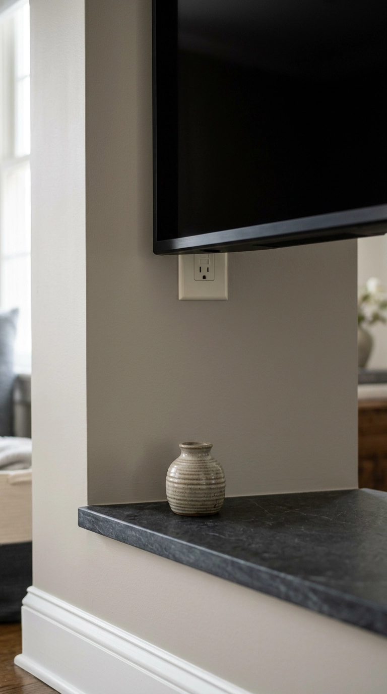 Close-up of a wall-mounted TV above a fireplace with no visible cables and a recessed outlet