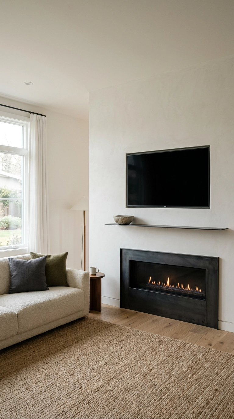 Low linear gas firebox with a television mounted at seated eye level above it