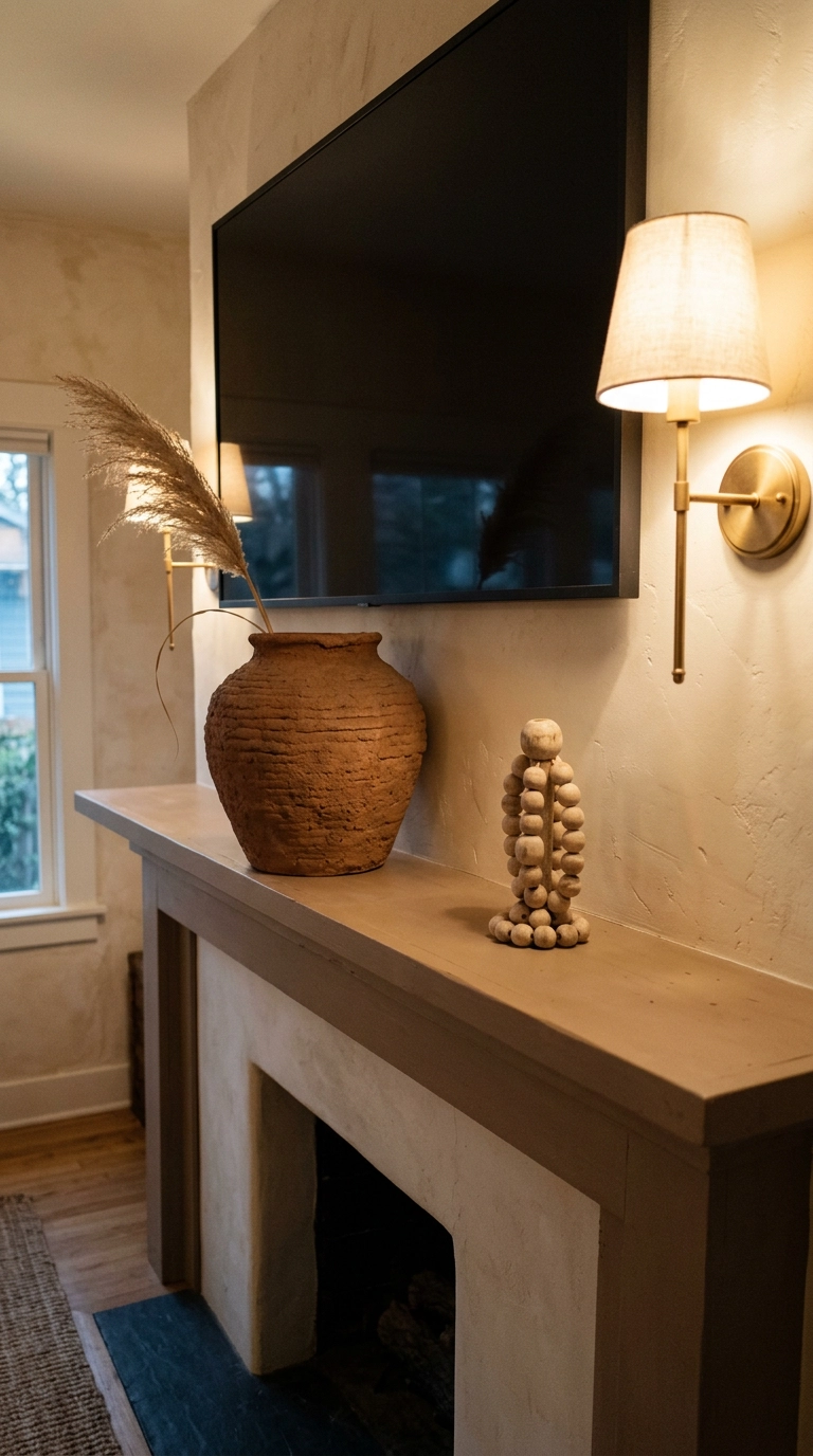 Oversized terracotta vessel on a clay painted mantel beneath a dark TV screen