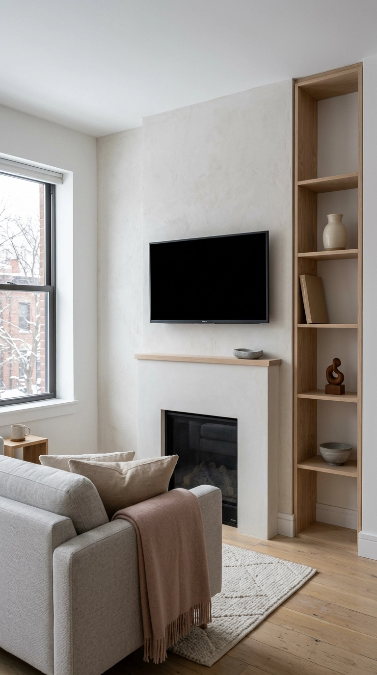 Single tall ash shelf on one side of a white plaster fireplace with a dark TV above