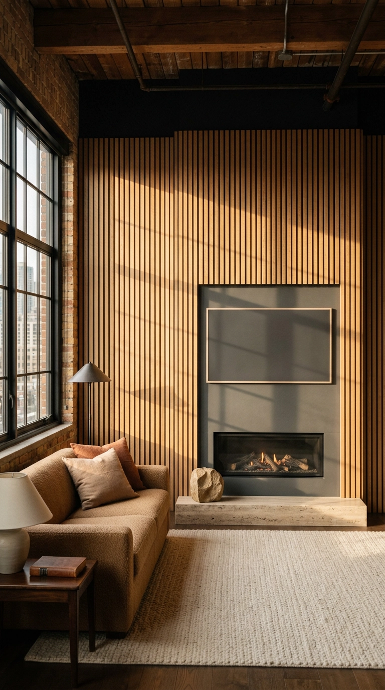 Vertical white oak slat wall with a dark TV inset above a black linear firebox