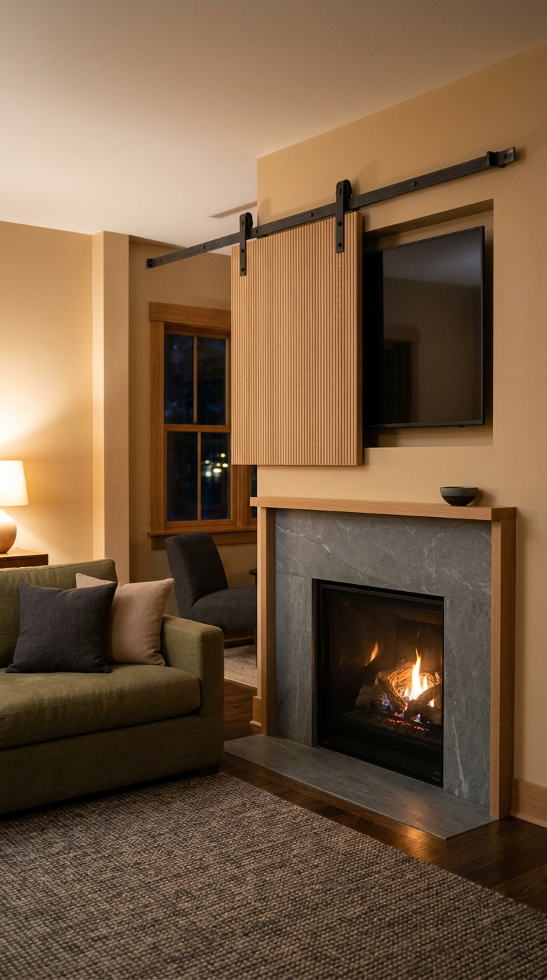 Sliding reeded oak panel partially covering a mounted TV above a soapstone fireplace