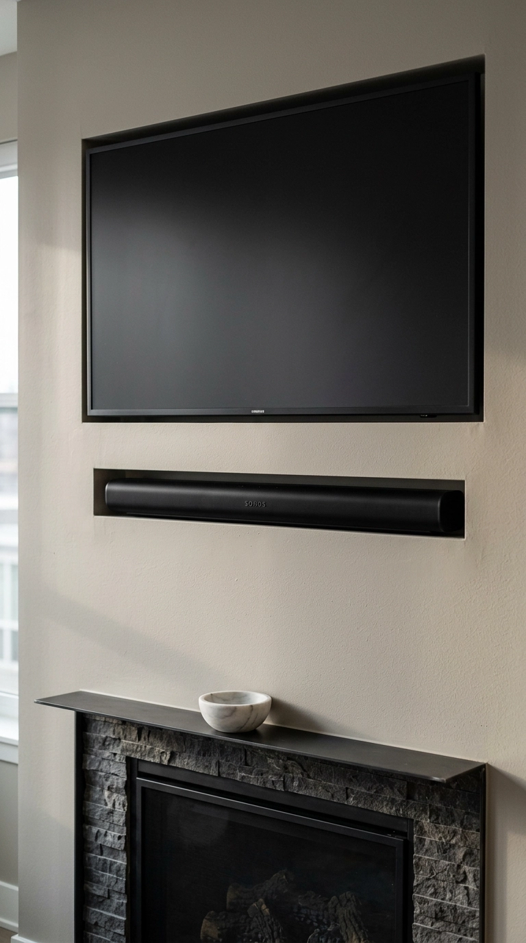 Soundbar sitting flush in a shallow recessed ledge below a wall-mounted television
