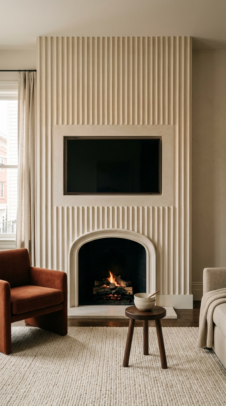 Fluted plaster chimney breast with an arched firebox and a dark TV screen mounted above